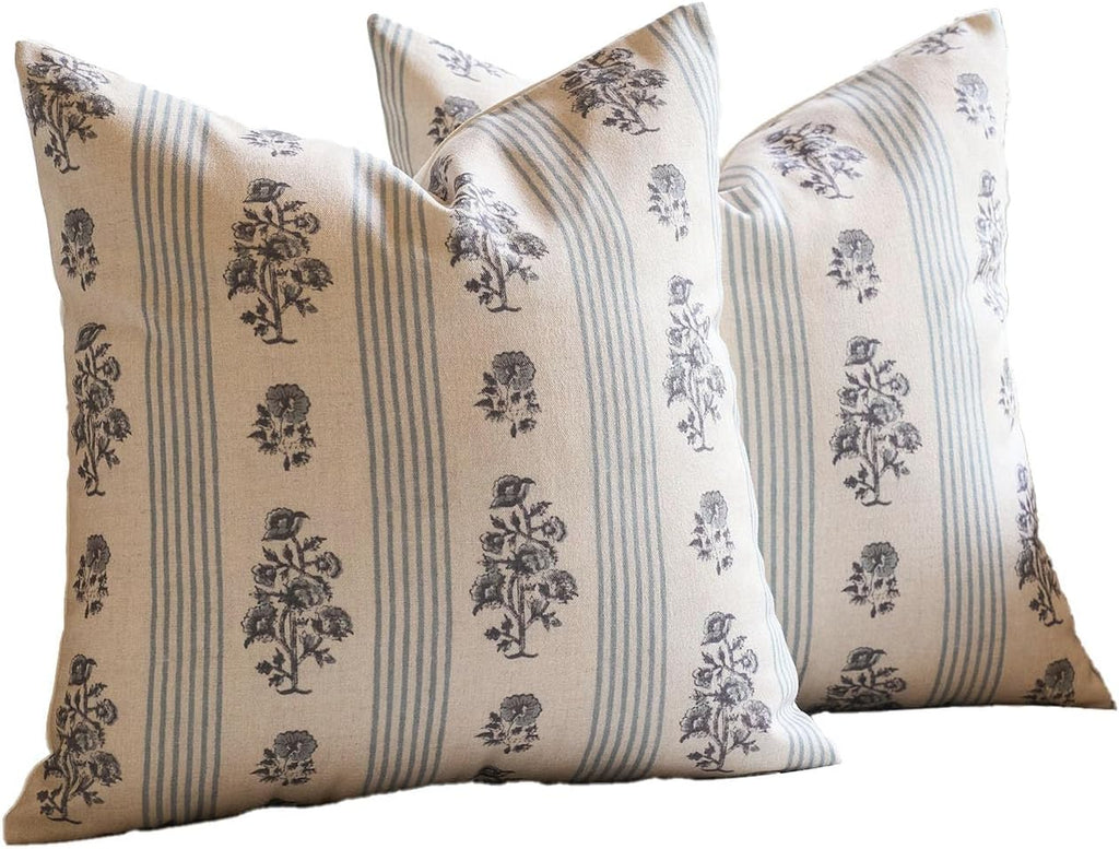 AffordableFloralPrintMaker Amor Virisso Floral Throw Pillow Covers 20x20 Set of 2 Block Print Pillow Covers Neutral Floral Striped Farmhous…