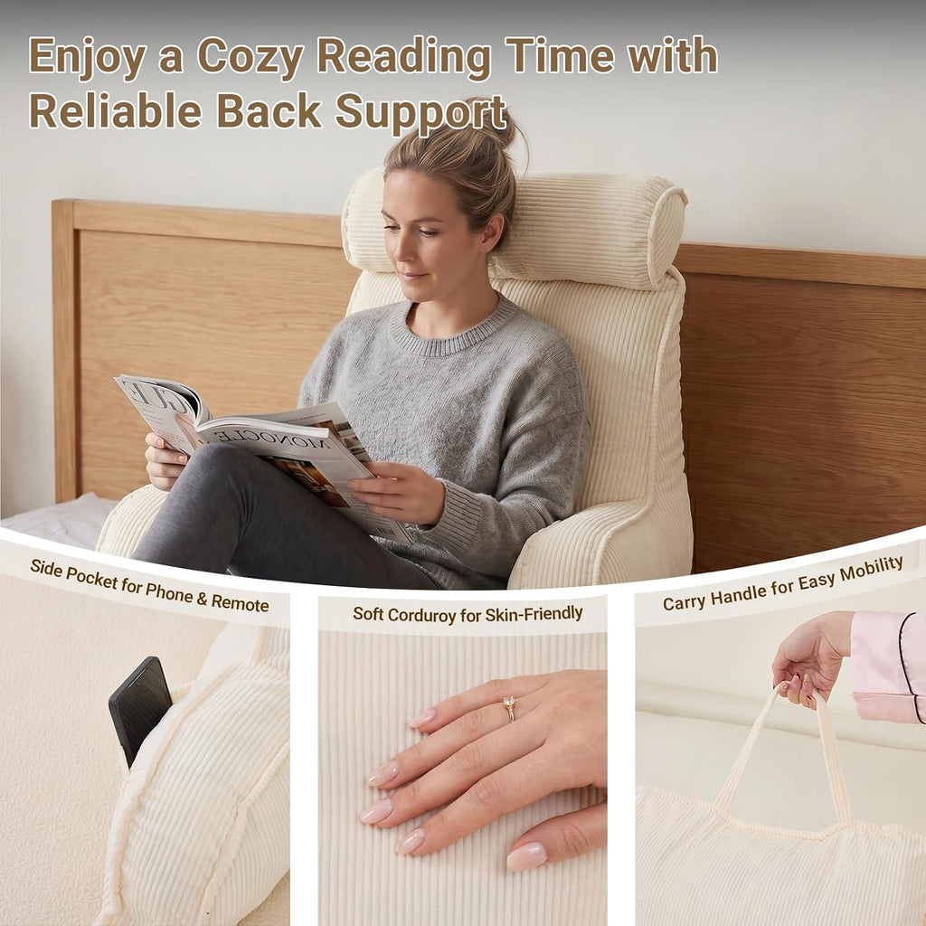 Reading Pillow for Bed with Detachable Neck Roll and Shredded Memory Foam, Back Pillow with Arms for Sitting Up, Washable Bed Rest Pillow…