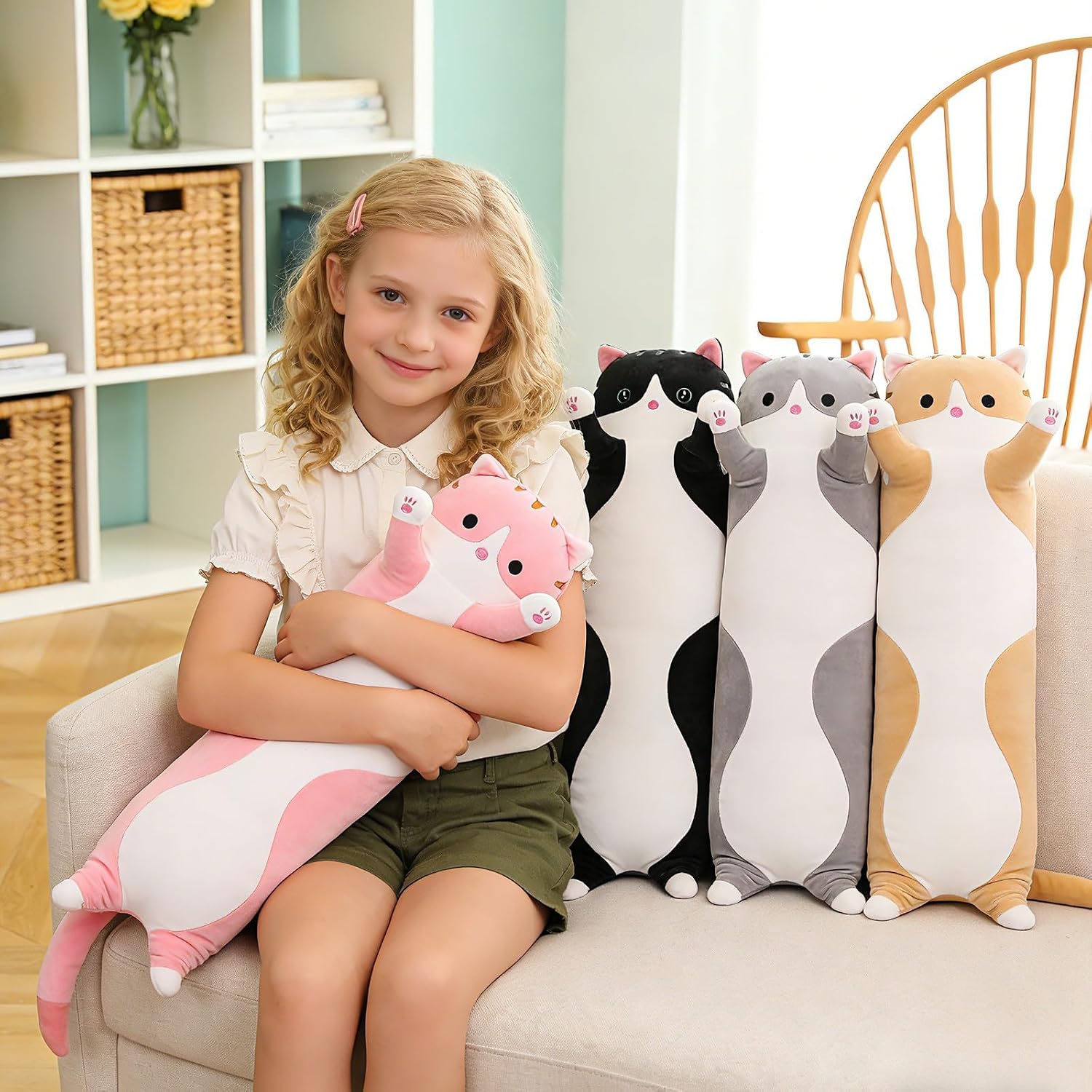 Shinuoer Cute Cat Plush Long Body Pillow – Soft Cartoon Stuffed Animal Doll, Kawaii Cat Plushie Cuddle Toy for Kids, Girls & Girlfriend (Pi…