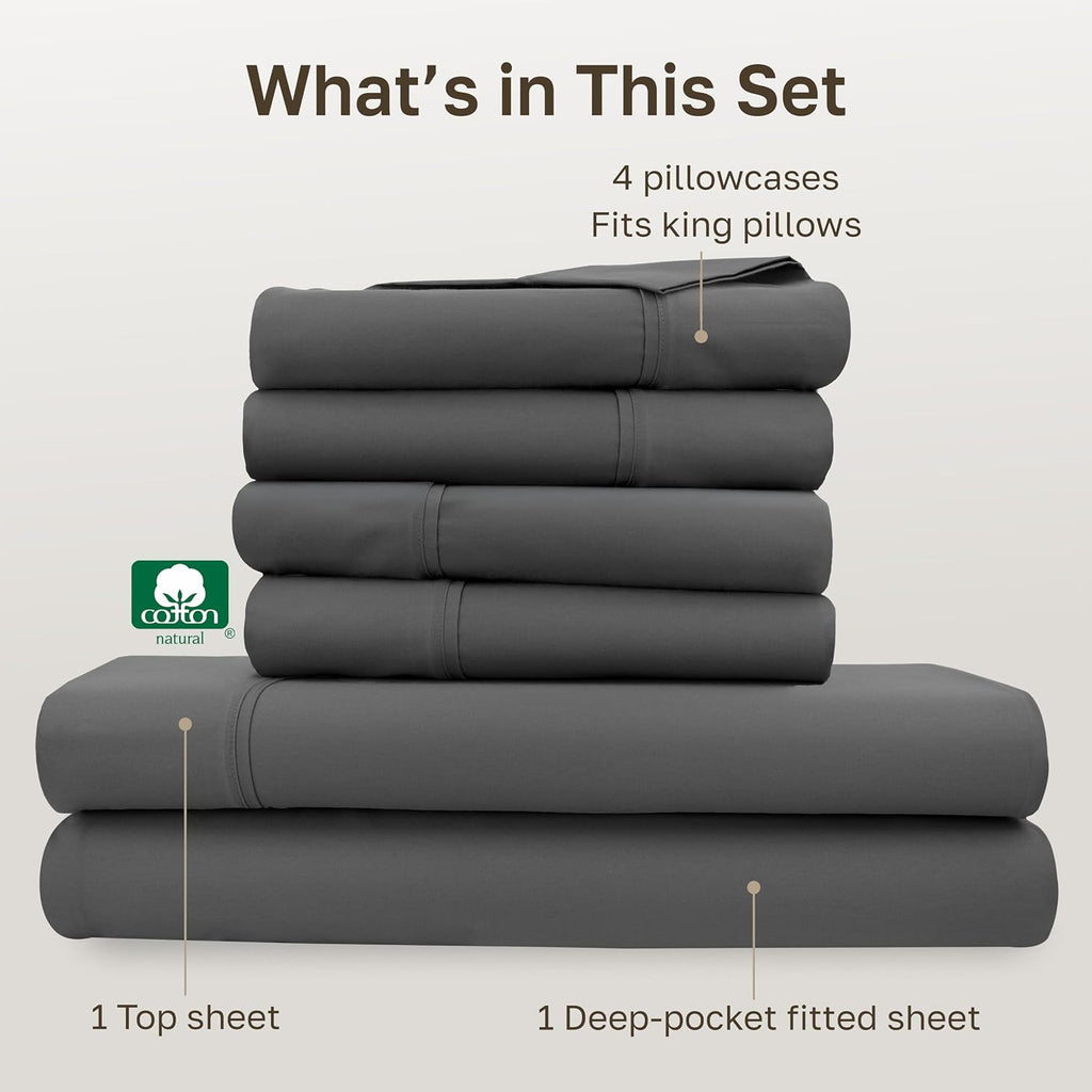 CaliforniaDesignDen California Design Den 6-Pc King Size Sheet Set with 4 Pillowcases - Soft 400 Thread Count 100% Cotton Sheets, Sateen We…