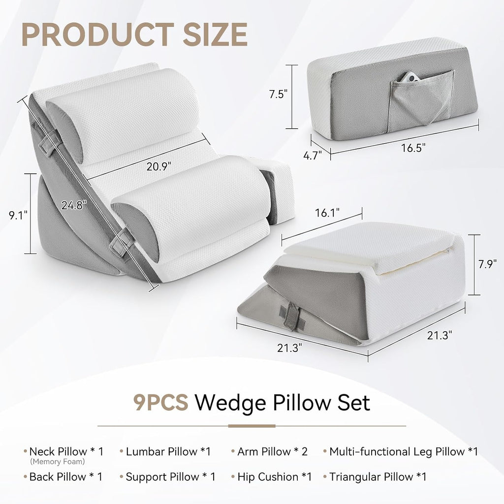Yojoker 9PCS Orthopedic Bed Wedge Pillow Set for Sleeping, Back and Leg, Post Surgery Foam Pillow for Body, Triangle Adjustable Support Pi…