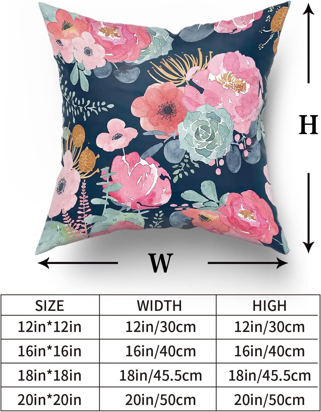 Granbey Watercolor Flower Throw Pillow Cover 24x24 Inch Pink Peony Floral with Green Leaf Decorative Pillow Cases Summer Navy Blue Cushion…
