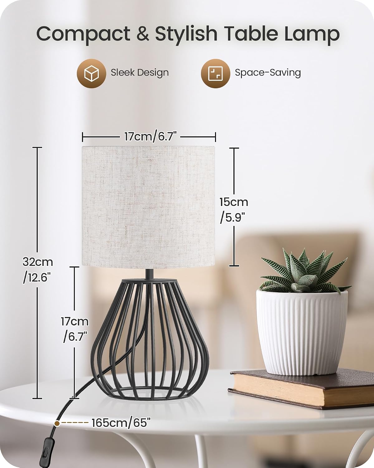 Small Bedside Table Lamp, Black Table Lamp with Metal Cage & Linen Lampshade, Modern Cute Desk Lamp, Cozy Nightstand Lamp for Bedroom…