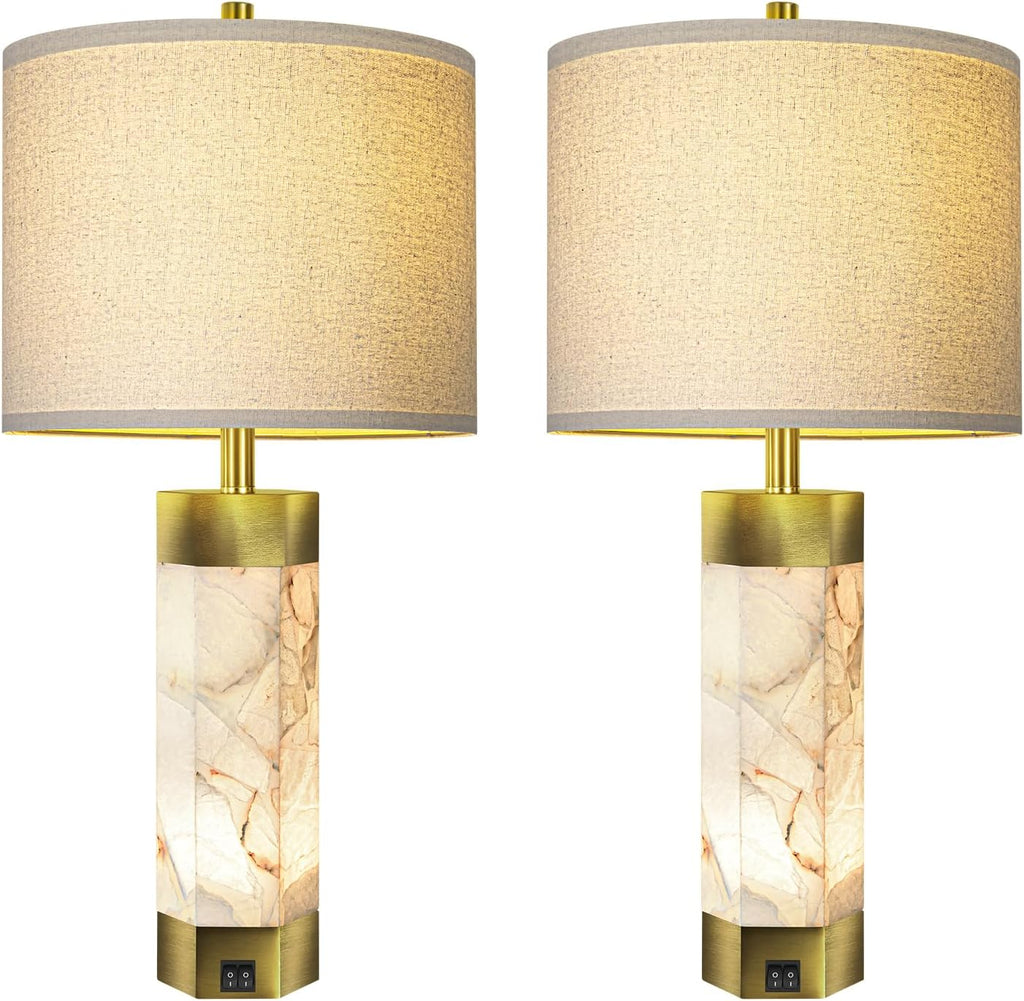 Natural Alabaster Table Lamps Set of 2, Table Lamp with Night Light for Living Room, Nightstand Lamp with USB Ports, Bedside Lamp with Linen…