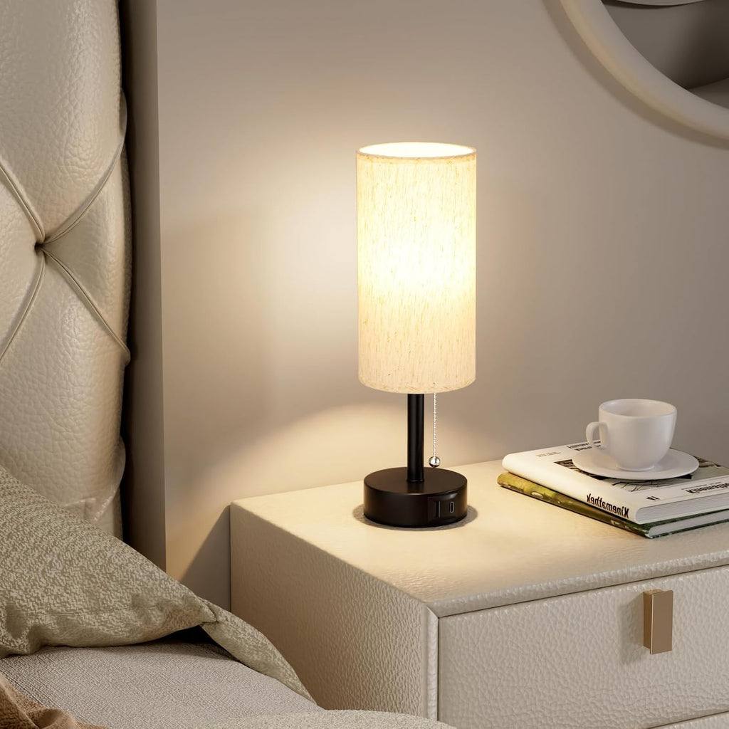 Fenmzee USB Bedside Table Lamps Set of 2-3 Color Temperatures Pull Chain Lamp with USB C and A Charging Ports, Round Night Stand Lamps…
