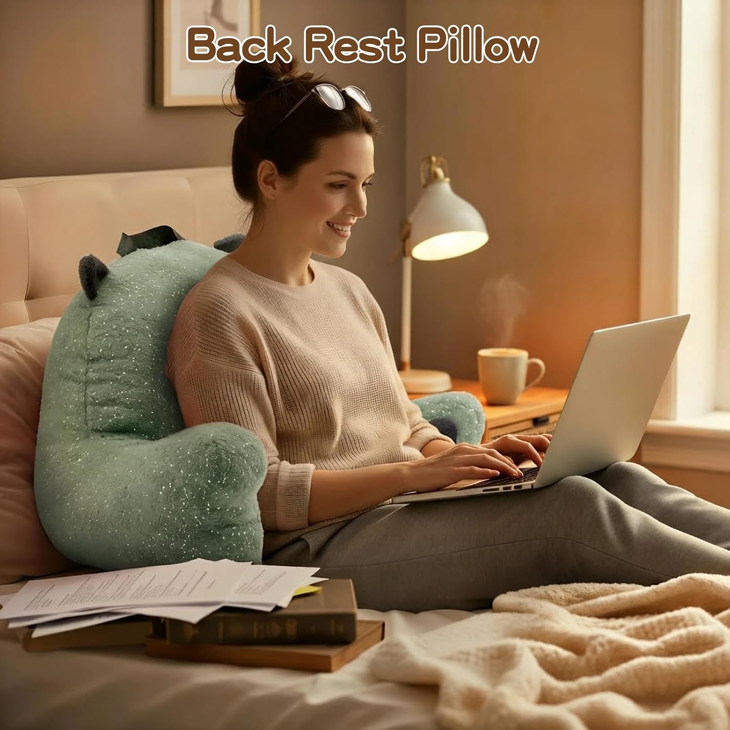 Ajicong Reading Pillow for Sitting in Bed Couch Teens/Adult, Back Rest Pillow for Sitting Up in Bed with Shredded Memory Foam, Includes Arm…