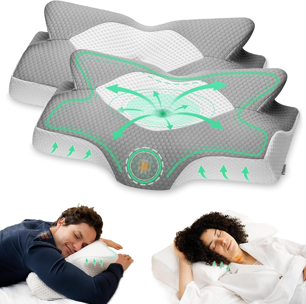 Elviros Cervical Memory Foam Pillow, 2 Pack Pillows for Neck and Shoulder Pain, Ergonomic Orthopedic Sleeping Neck Support Pillow for Side…