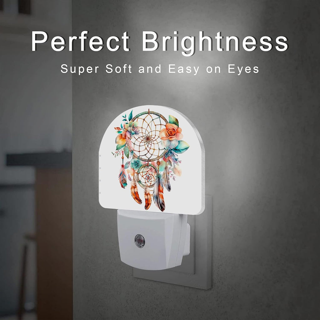 Boho Dream Catcher Flowers Night Light, Watercolor Boho Feathers Floral Dusk to Dawn Night Light Plug in, 0.5w Energy Saving Sleep…