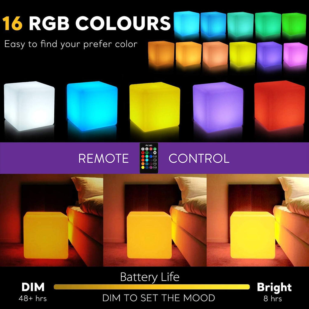 Mr.Go 20-inch LED Lighted Cube Table, Large LED Cube Chair Light, 16 RGB Colors Glowing Cube Seat w/Remote - Rechargeable - Waterproof…