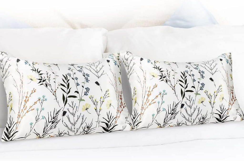 MANSPHIL Rustic Floral Silk Pillow Cases Standard, Wildflower Printed 22 Momme Mulberry Silk Top with Satin Underside Pillowcase for Hair…