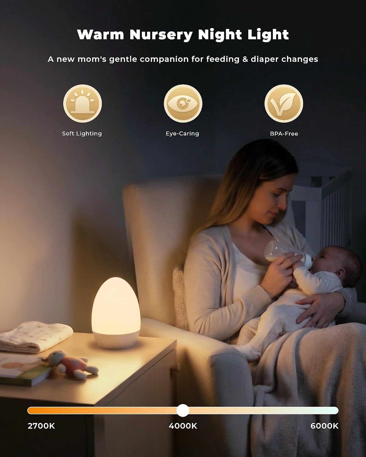 WelcometoFULNIX Egg Light for Nursery, Eye-Caring Touch Control Rechargeable Baby Night Light with 17 Color Modes, Dimmable Night Feeding E…