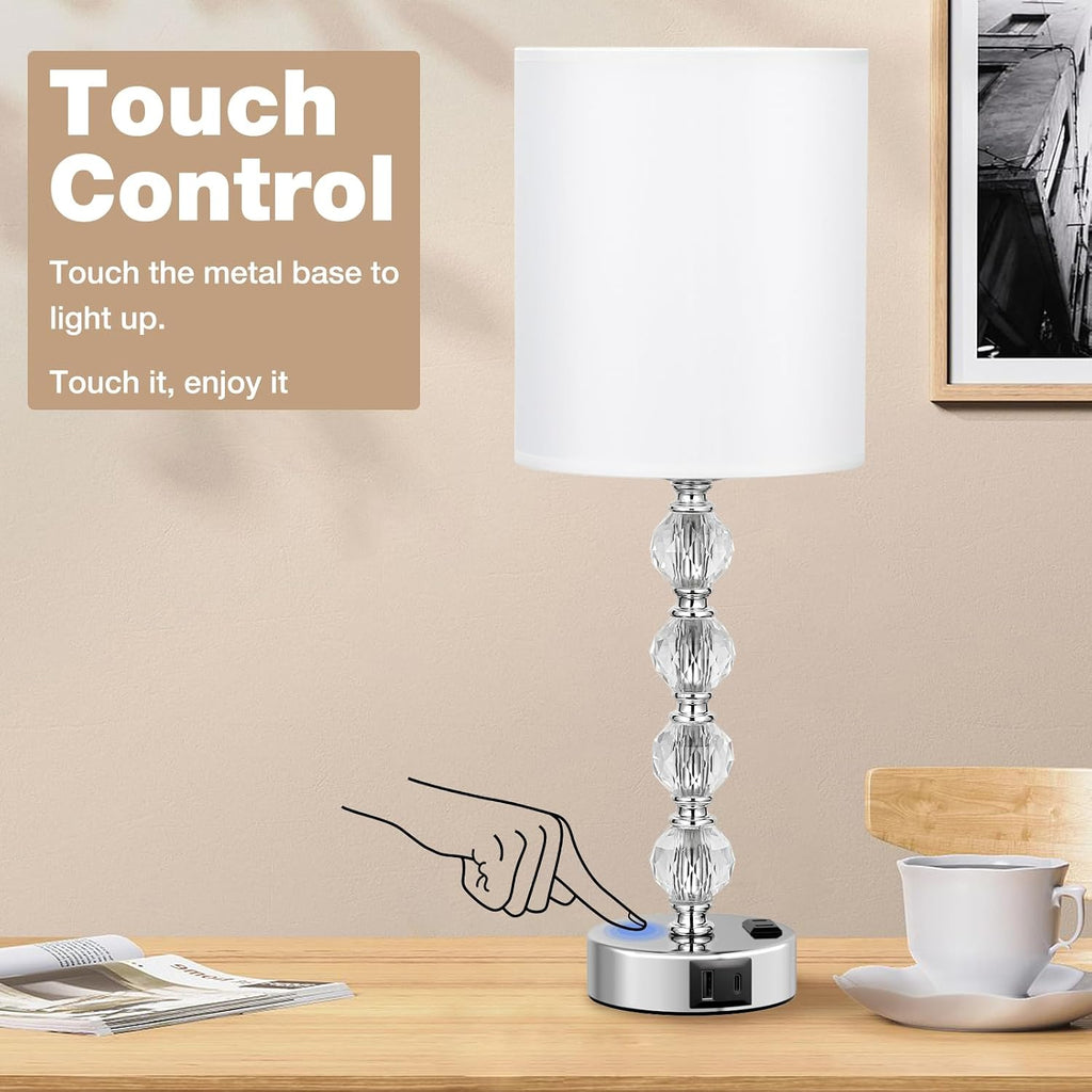 Touch Bedside Crystal Lamps for Bedrooms Nightstand with USB C+A Charging Port and AC Outlet White, 3 Way Dimmable Silver Large End Side…