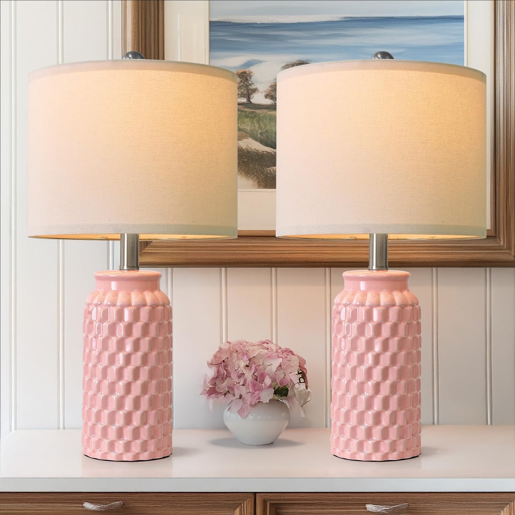 USumkky 20.5" Pink Table Lamps Set of 2, Modern Farmhouse Bedside Lamps - Ceramic Nightstand Lamps for Bedroom, Boho Living Room End…