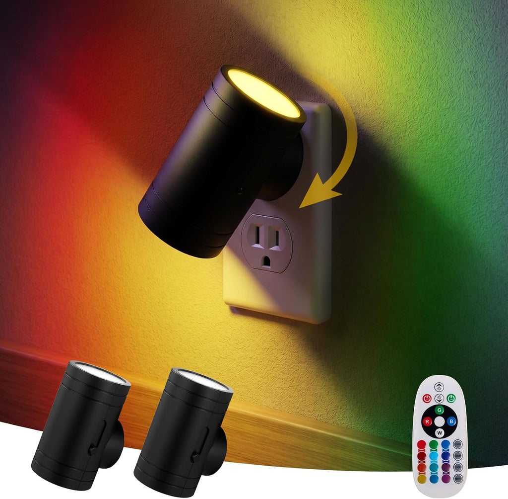 Horta Night Lights Plug into Wall 2 Pack, RGB Color Changing Plug in Night Light with Remote, Dusk to Dawn Sensor, 0-100LM Dimmable Night…