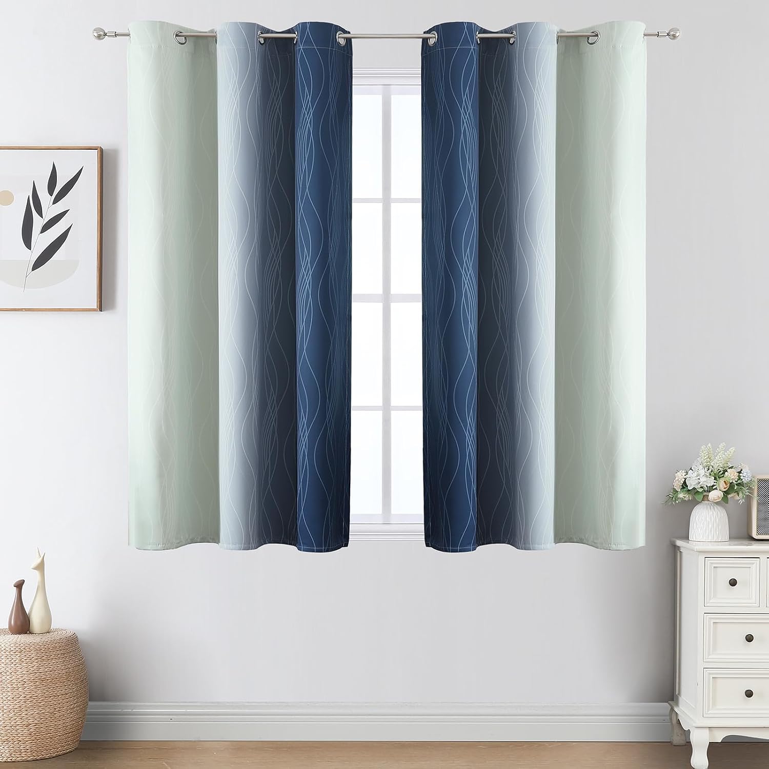 Estelartextiler Estelar Textiler Sage Green and Navy Blue Ombre Blackout Curtains 45 Inches Long, Full Room Darkening Gradient Drapes for K…