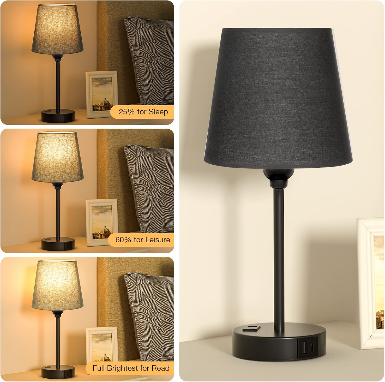Black Lamp for bedrooms Set of 2 - Nightstand Bedroom Lamp with USB C Port and AC Outlet Charging, 3 Way Dimmable Touch Control Bed Side…