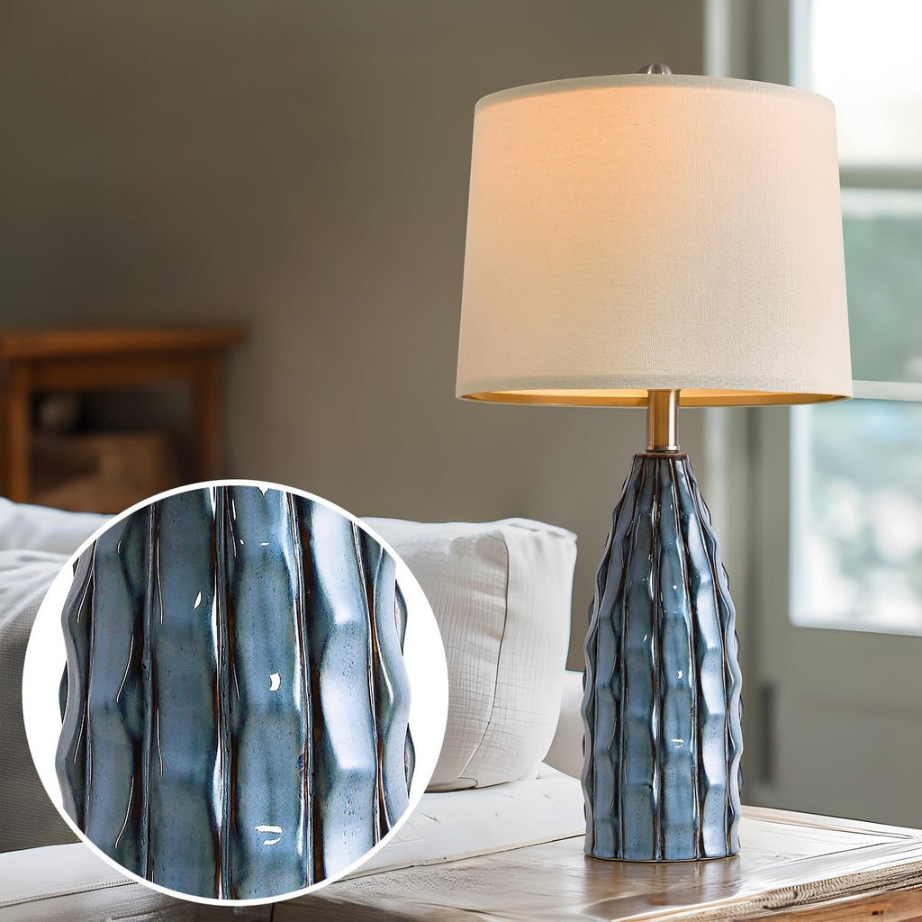 USumkky Ceramic Table Lamps Set of 2, 23.75" Modern Farmhouse Bedside Lamp - Blue Nightstand Lamps for Bedroom, Boho Living Room End…