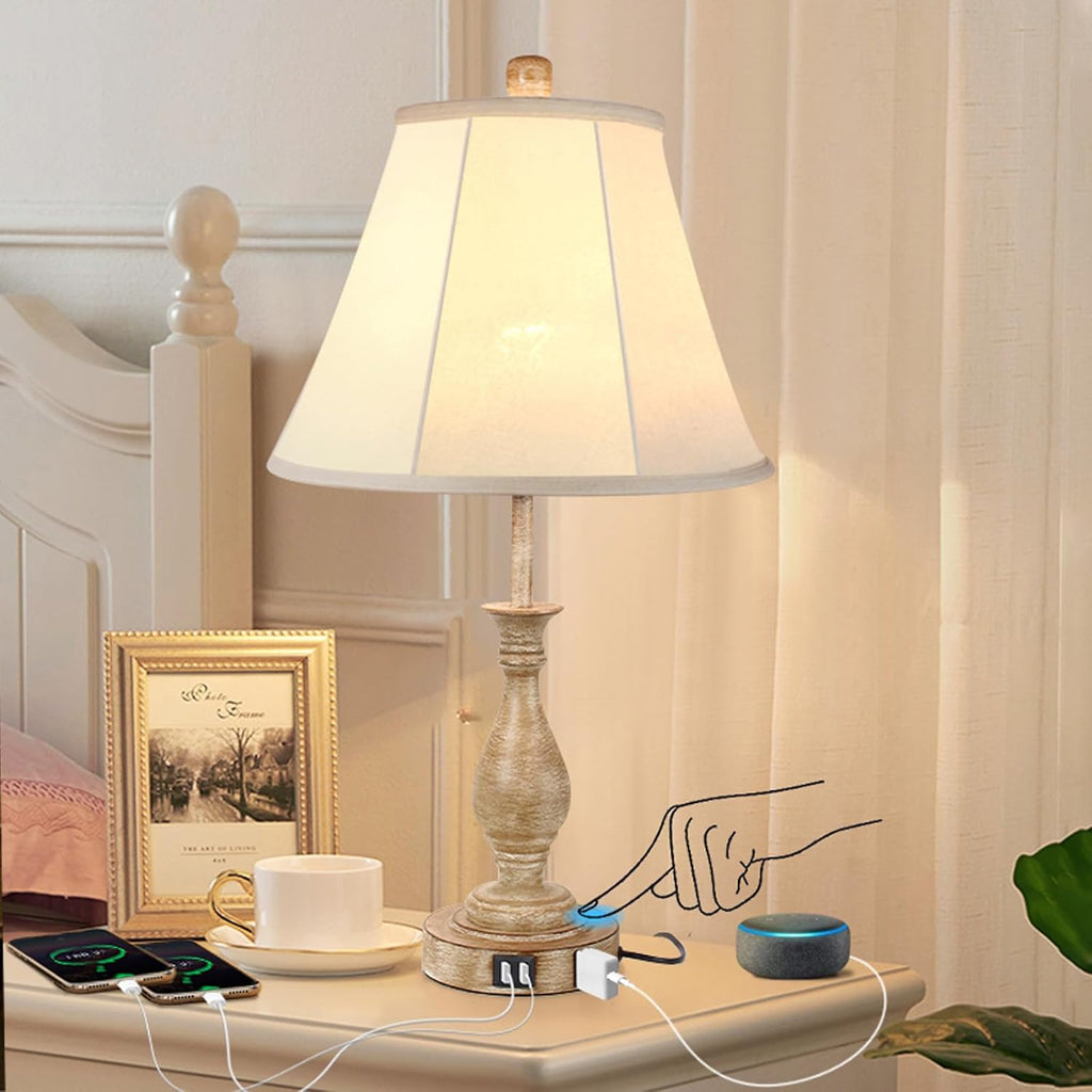Lalisu Farmhouse Table Lamp Touch Control 3-Way Dimmable Table Lamp, Modern Nightstand Lamp with 2 USB Port Bedside Desk Lamp with Fabric S…