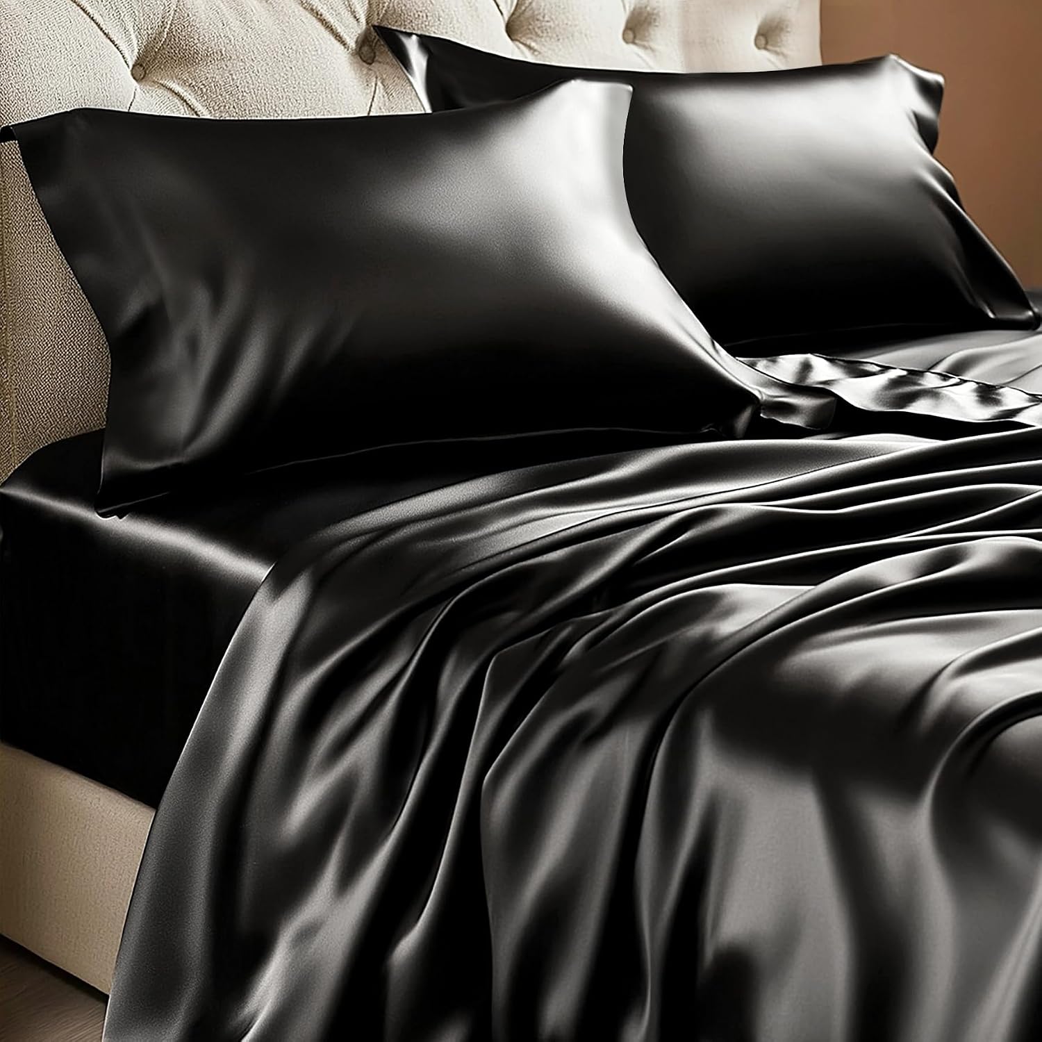 Bedelite Satin Sheets Queen Size Bed Set, Luxury Soft Black Silky Sheets for Hair and Skin, Similar to Silk Bed Sheets Set 4 Pieces with 1…