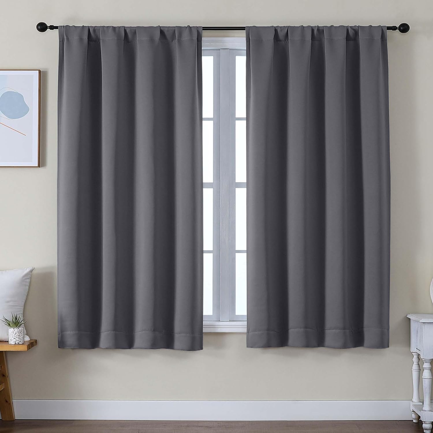 Simplebrand Ava Grey Blackout Curtains for Bedroom 63 Inch Length 2 Panels Set, Solid Thermal Insulated Privacy Living Room Window Treatmen…