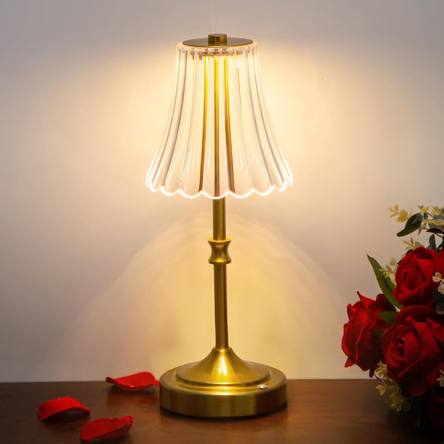 JACKYLED Vintage Cordless Table Lamp, Acrylic Crystal Flower Lamp Shade, 3 Colors Dimmable LED Golden Lamp, 5400mAh Battery Operated…