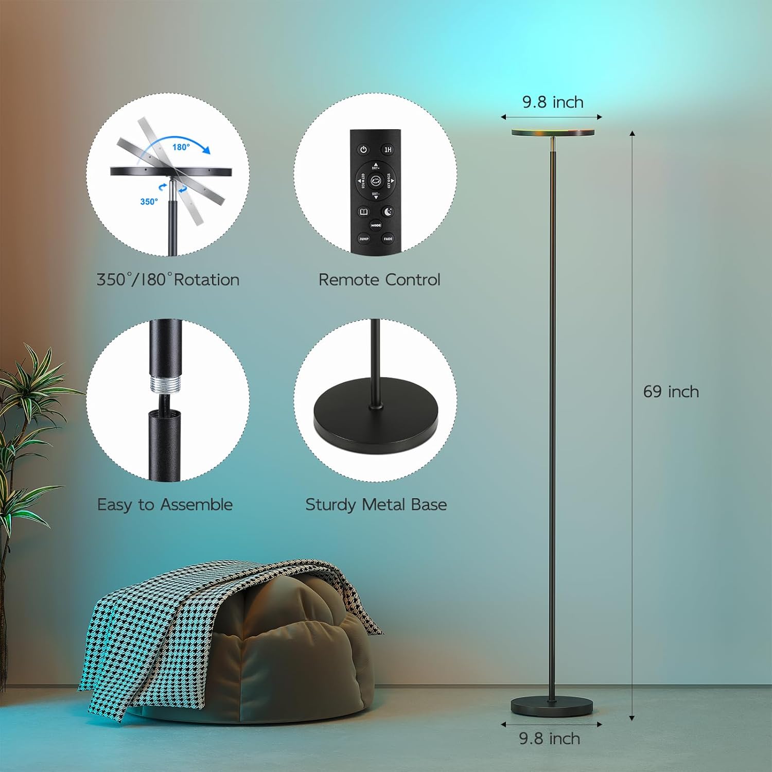 SUNMORY Smart RGB Floor Lamps for Living Room, 32W Bright LED Floor Lamp with APP and Remote Control, Tall Standing Lamp with Stepless…