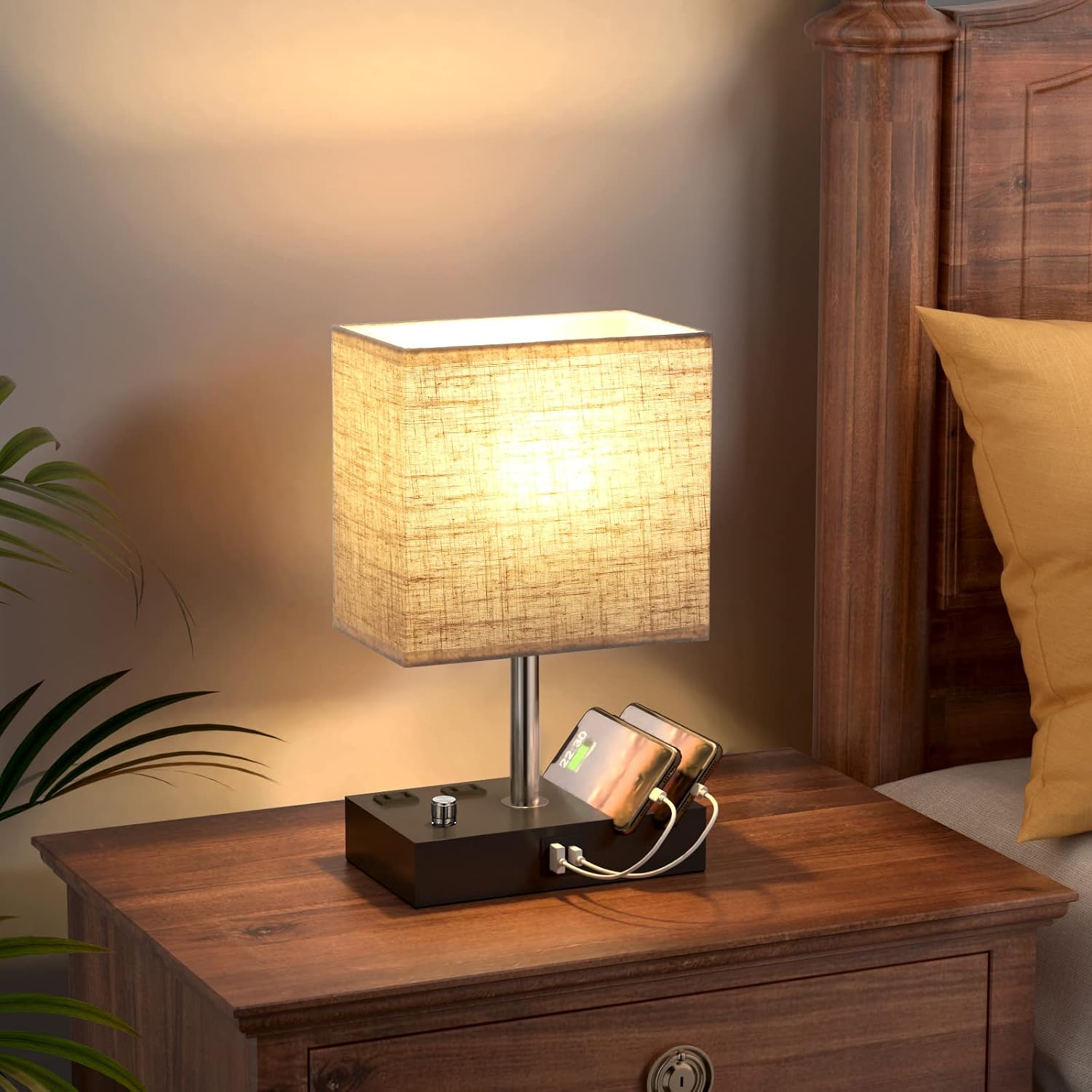 Kakanuo Table Lamp for Bedroom with Dual USB Ports, Beige Fully Dimmable Bedside Lamp with Phone Stands and 2 Charging Outlets, Desk Lamp…