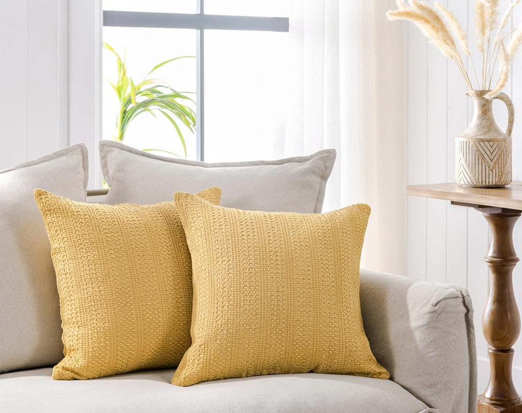 Cocoploceus 18x18 Throw Pillow Covers Set of 2 Boho Decorative Pillow Shams Stone Washed Cotton Pillowcase Waffle Square for Couch Sofa Cha…