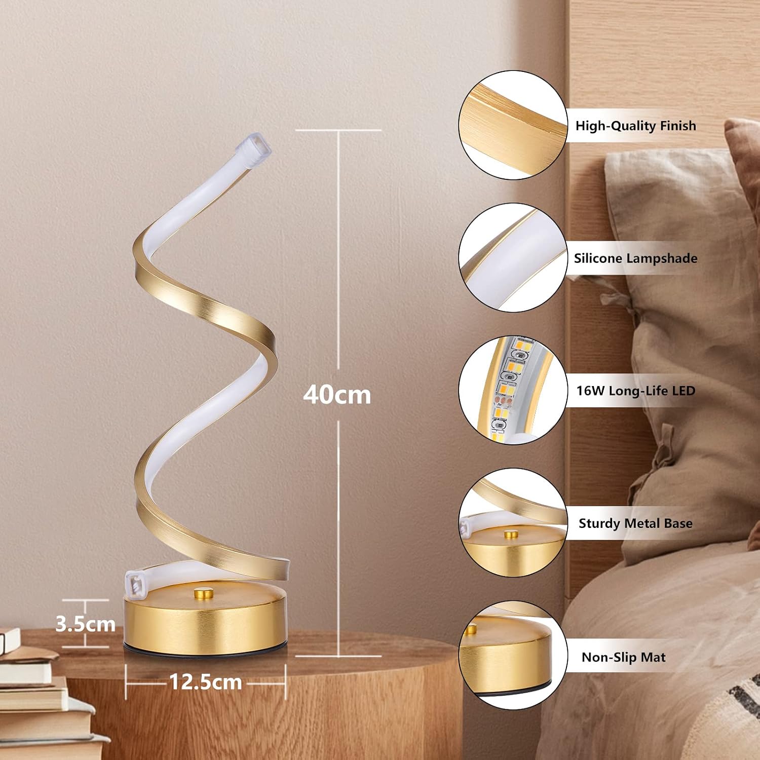 NUÜR Table Lamps for Living Room Set of 2, Gold Dimmable LED Lamp, Small Bedside Lamps, Nightstand Lamp for Bedroom Home Office Living Room