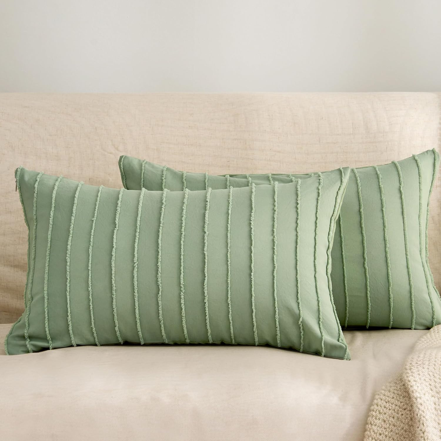 Jellymoni 2 Pack Light Green Pillowcases 12" x20", Soft Microfiber Striped Tufted Pillow Covers(Pillows are not Included) 2 Pack 20 inches…