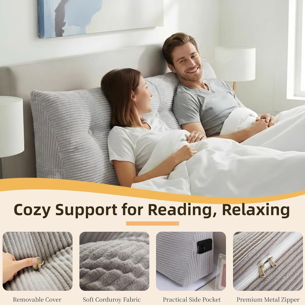 Wedge Reading Pillow Headboard Queen Size, Headboard Bolster Pillow for Bed, Triangular Backrest Cushion with Removable Corduroy Cover…