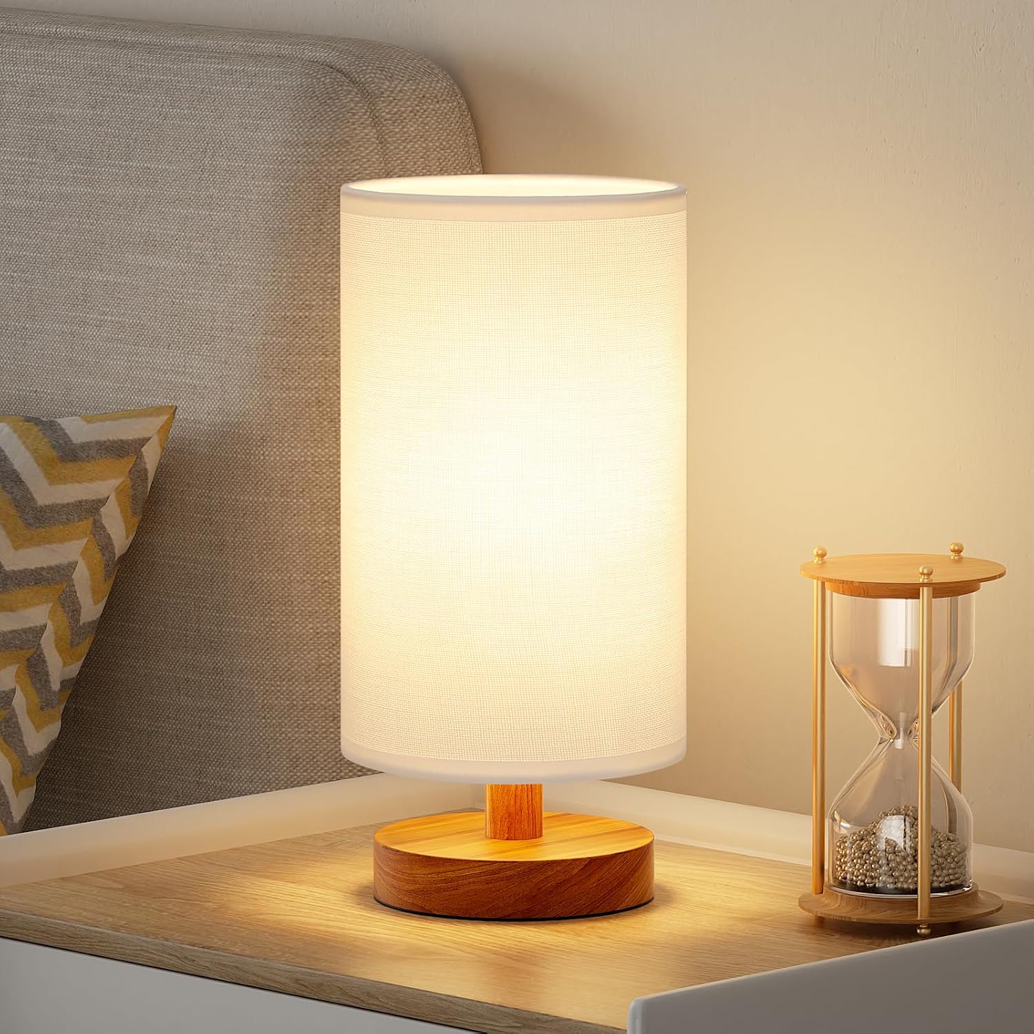 Fenmzee Small Table Lamp for Bedroom - Inline Control, Bedside Lamp with 3000K A15 LED Blub, Easy Assembly (White Shade - Walnut Base, 9"…