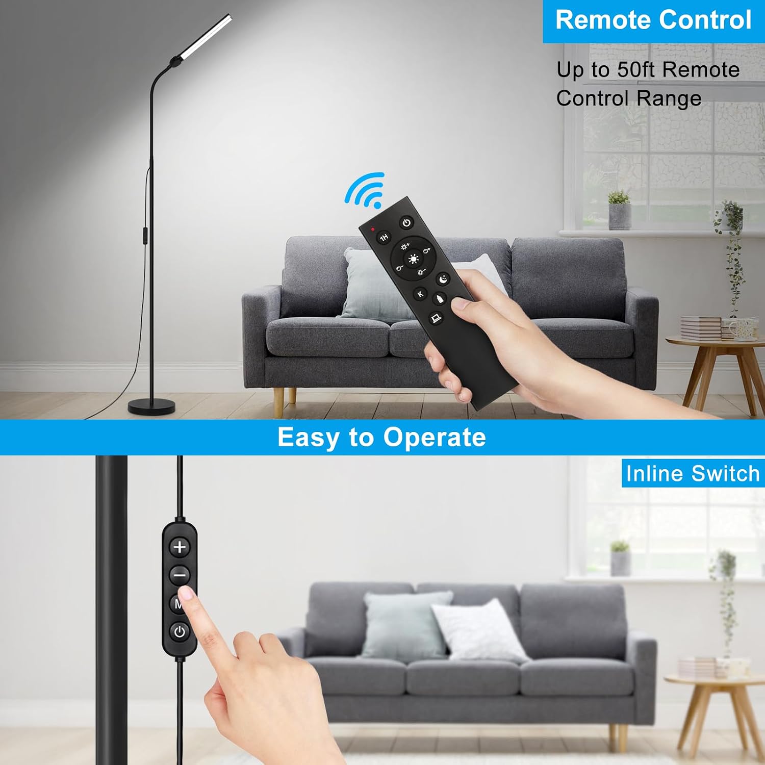 LED Floor Lamp with Remote Control, Bright 18W Floor Lamps for Living Room with Double Head, Adjustable Gooseneck Standing Lamp, Eye…