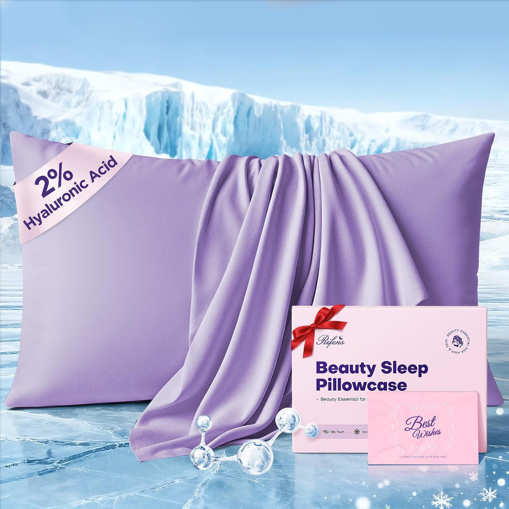 Rifens Instant Chill Cooling Pillowcase for Hot Sleepers, 2% HA Infused Pillowcase Hydrates Skin & Hair, Reduces Wrinkles & Frizz, Softer T…