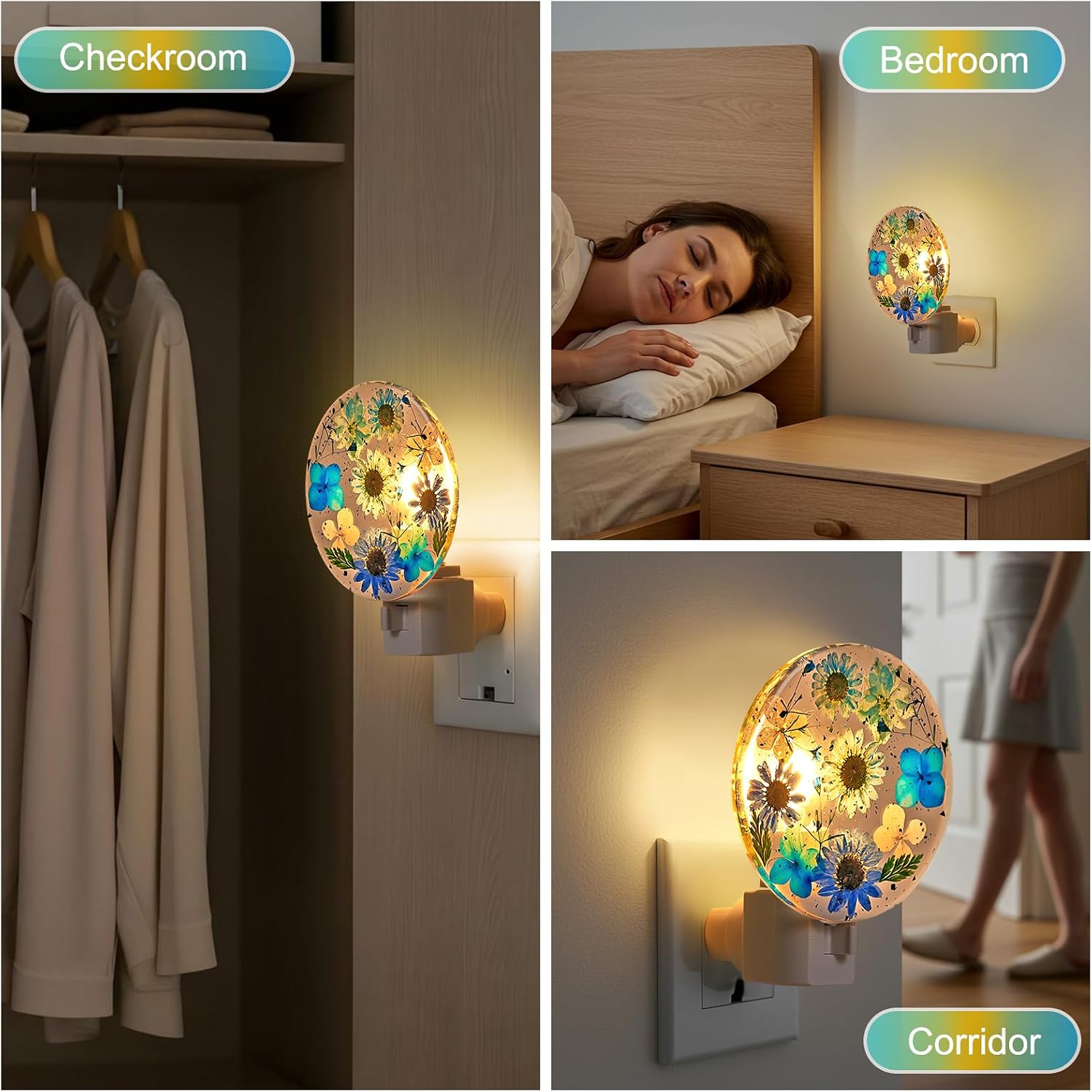 Glooglitter Pressed Flower Night Light Plug in - Handmade Dried Floral Wall Night Light, Soft Glow Decorative Nightlight for Hallway Bedroo…
