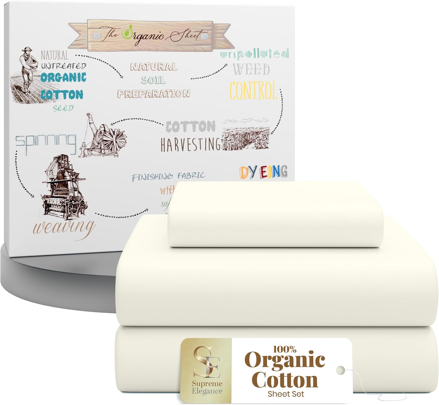 SupremeElegence SUPREME ELEGANCE 3Pc 100% Organic Cotton Twin XL Sheets Set, Light Ivory, Cooling Percale, Deep Pocket Fitted Sheet, Fits M…