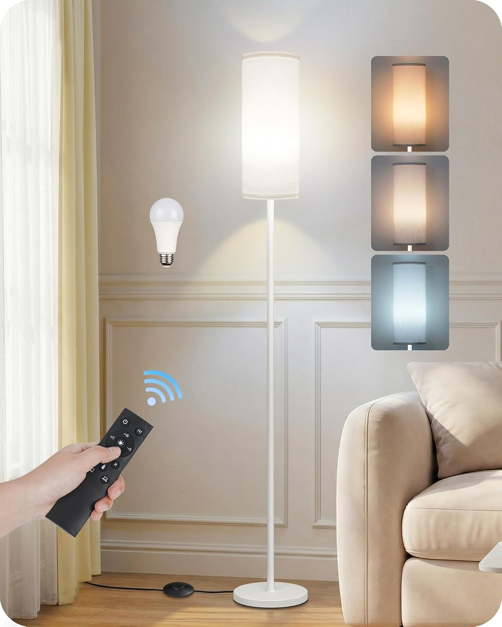 White Dimmable Floor Lamps for Living Room with Remote and Foot Switch, 64.4” Modern Standing Tall Lamp, Corner Lamp for Bedroom, Office…