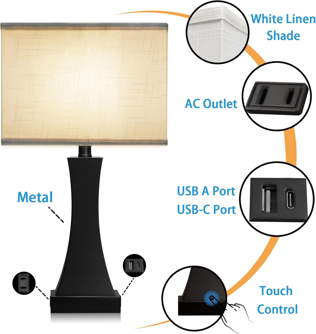 OYedis Set of 2 Touch Control Table Lamps 21.6" 3-Way Dimmable Bedside Nightstand Lamp with Type C/USB Charging Port & Outlet Desk Lamp…