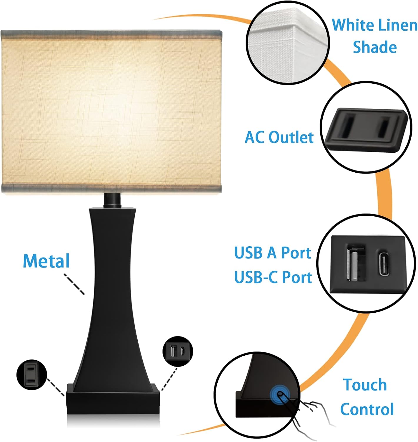OYedis Set of 2 Touch Control Table Lamps 21.6" 3-Way Dimmable Bedside Nightstand Lamp with Type C/USB Charging Port & Outlet Desk Lamp…