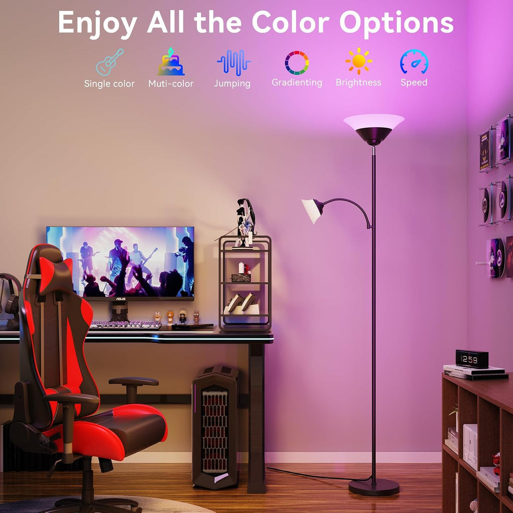 SIBRILLE RGB Torchiere Floor Lamp, 2-in-1 Dimmable Standing Lamp with Remote & Button Control, 34W 360° Rotatable LED Reading Lamp, 72"…