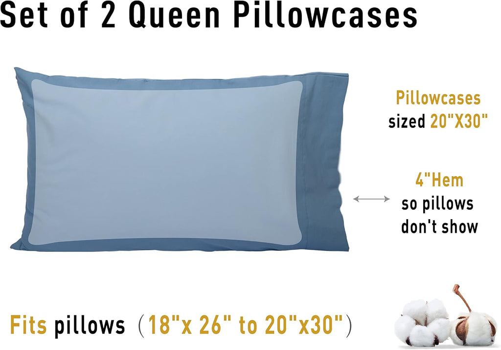 Sunflower Queen Pillowcases Set of 2, 100% Cotton Queen Pillow Cases 2, 20×30 inches Copen Blue, Soft and Breathable