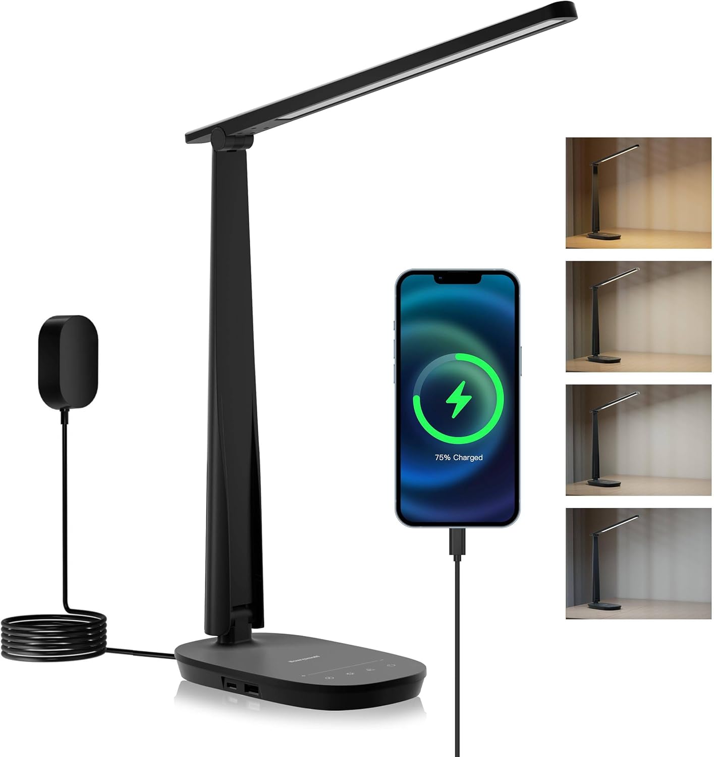 Honeywell HWT-H2 LED Desk Lamp, CRI94 Full Spectrum Eye-Caring Table Light, Foldable Dimmable 4 Color Modes with USB A+C Charging Ports…