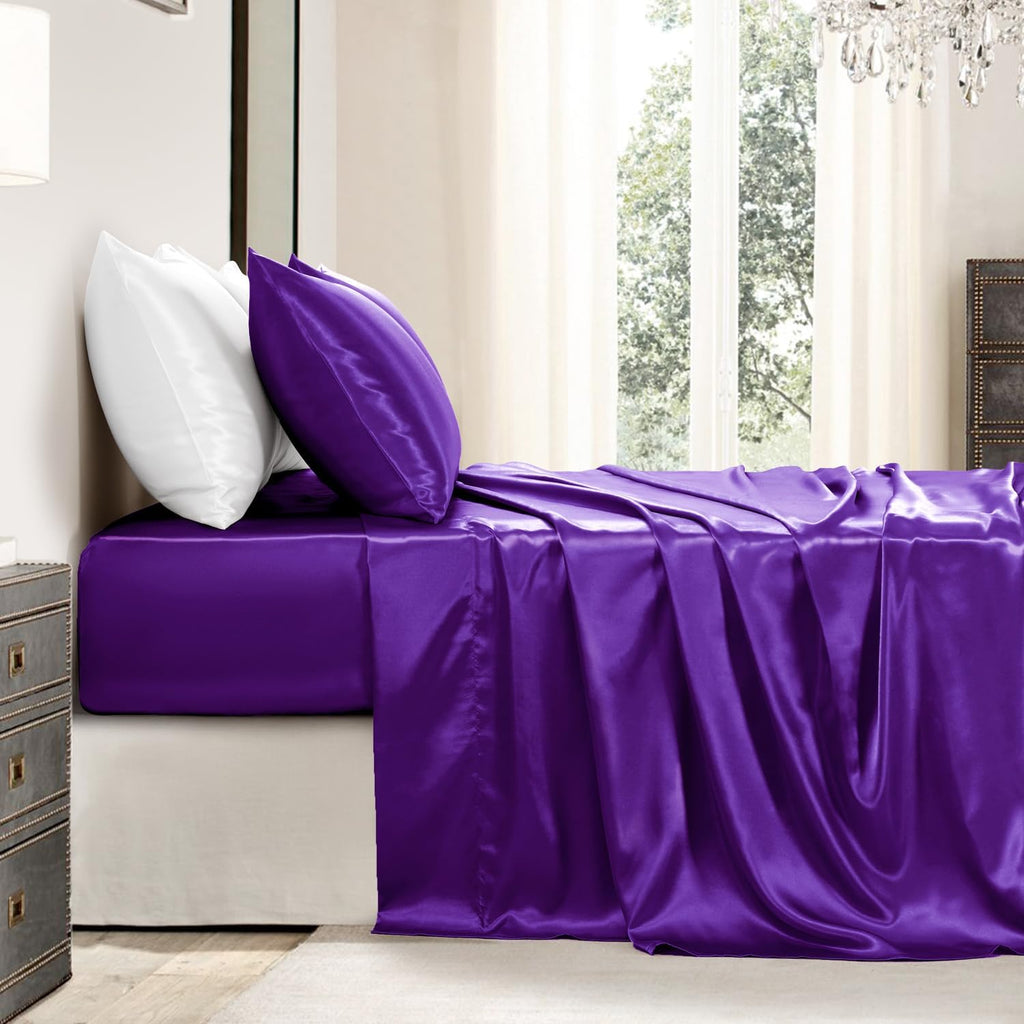 Golal Satin Sheets California King Size - 4 Pieces Luxury Silky Soft Bed Sheets, Wrinkle-Free Dark Purple Satin Silk Sheet Set with 1 Deep…