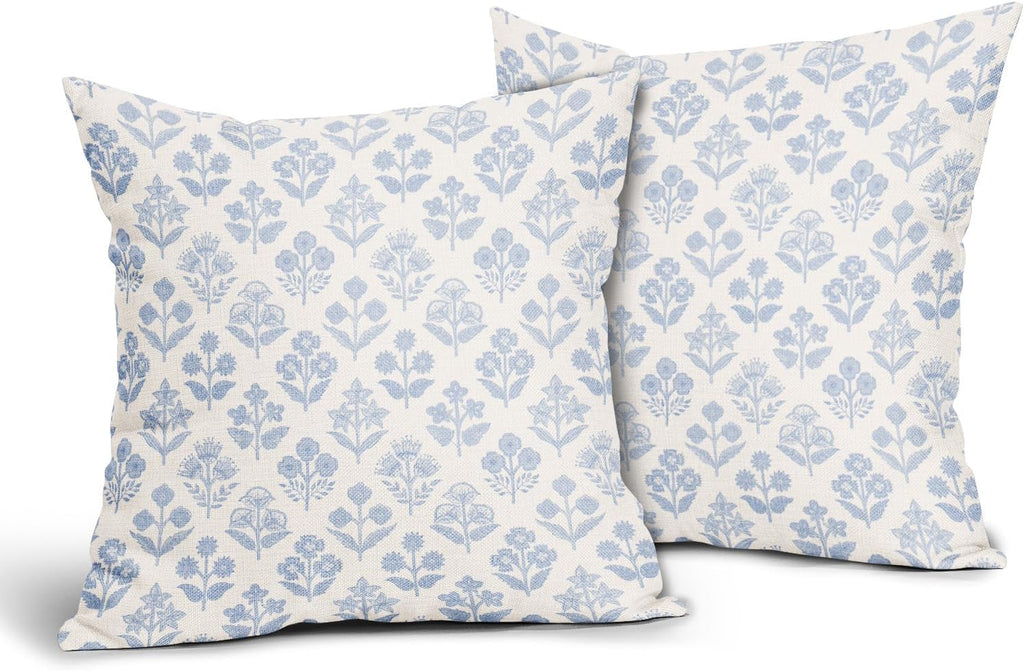 Baby Blue Floral Pillow Covers 16x16 Inch Set of 2, Vintage Flower Block Print Pattern Decorative Throw Pillowcases Outdoor Farmhouse…