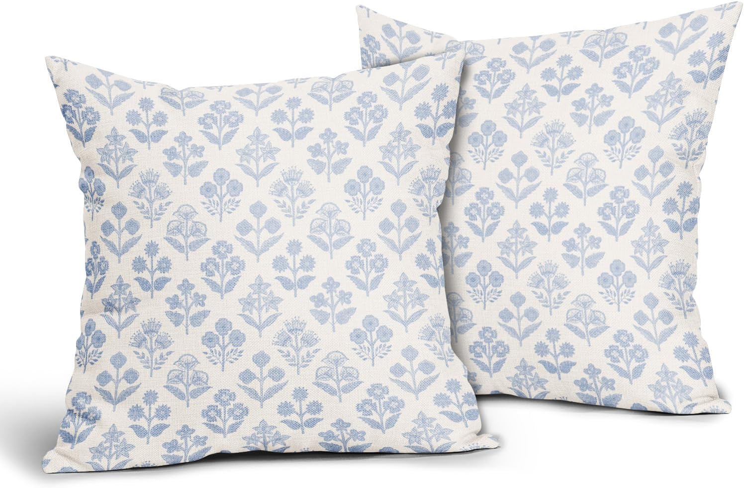 Baby Blue Floral Pillow Covers 16x16 Inch Set of 2, Vintage Flower Block Print Pattern Decorative Throw Pillowcases Outdoor Farmhouse…