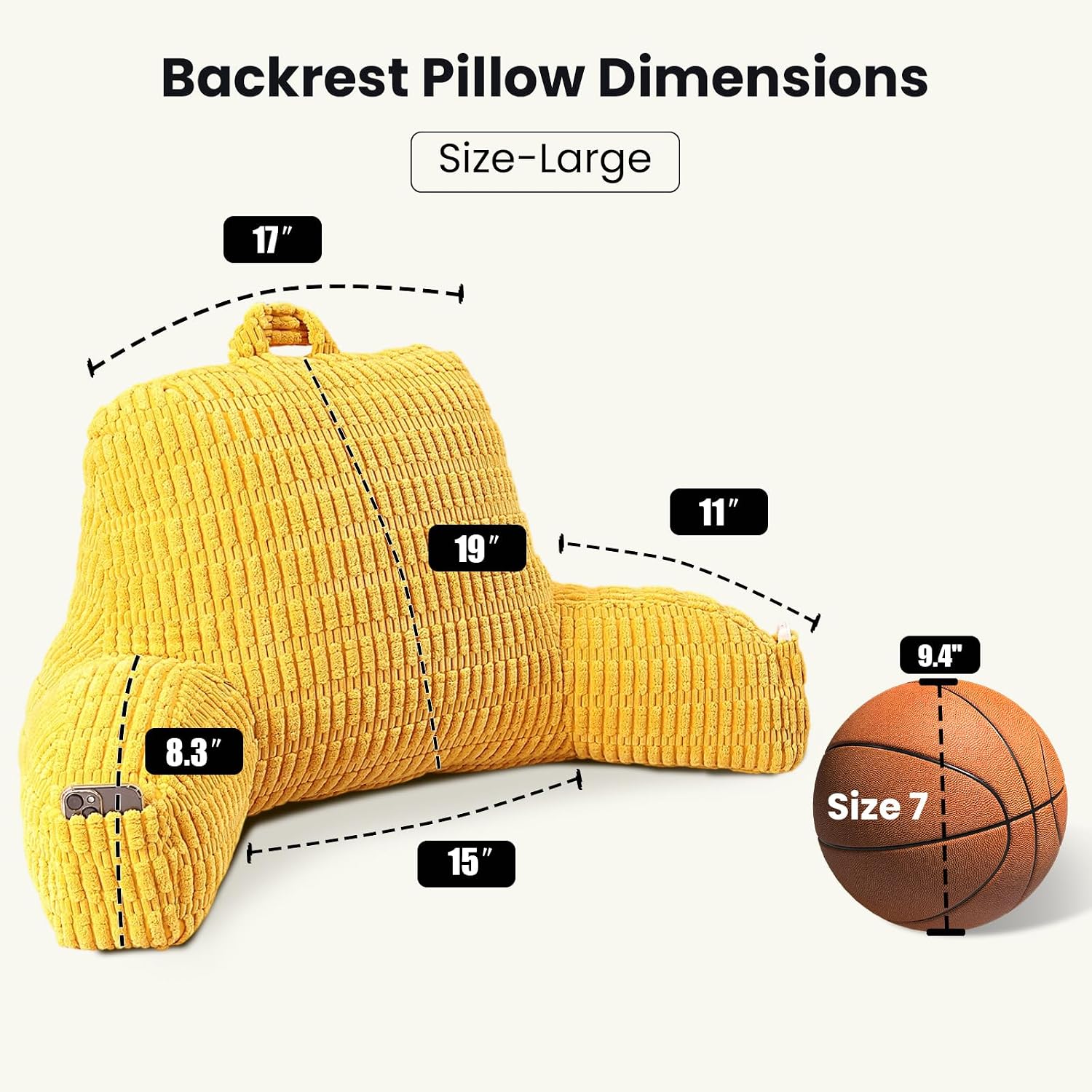 Pajeo Extra Large Sitting Pillow for Bed,19" Reading Pillow for Sitting Up with Arms, Oeko-TEX Certified Sturdy Backrest for Couch & Floor S…
