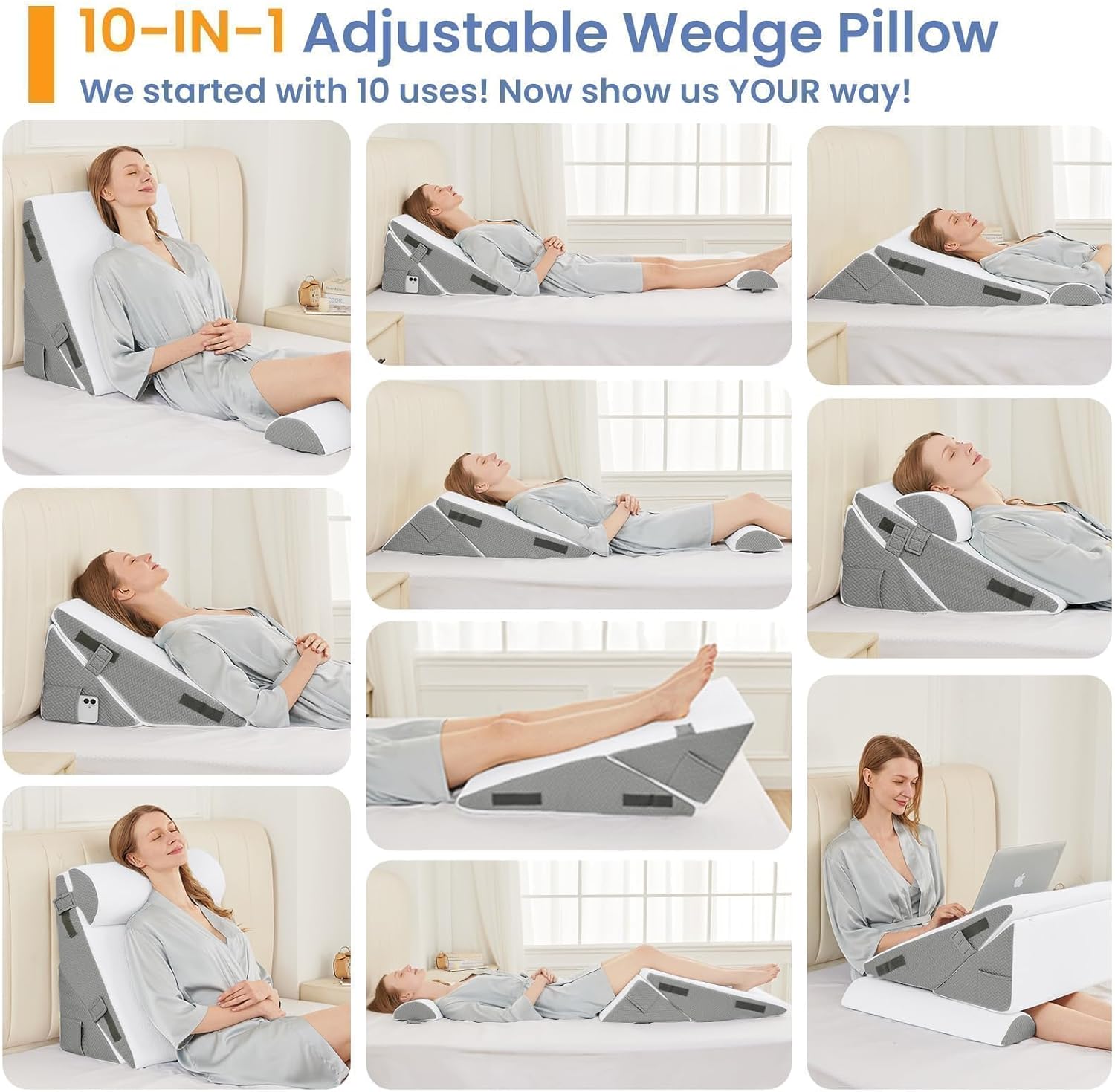 Sasttie Wedge Pillow Set for After Surgery, 2PCS Adjustable Bed Wedge Pillow Headboard with Memory Foam Neck Cushion – for Acid Reflux, Sle…