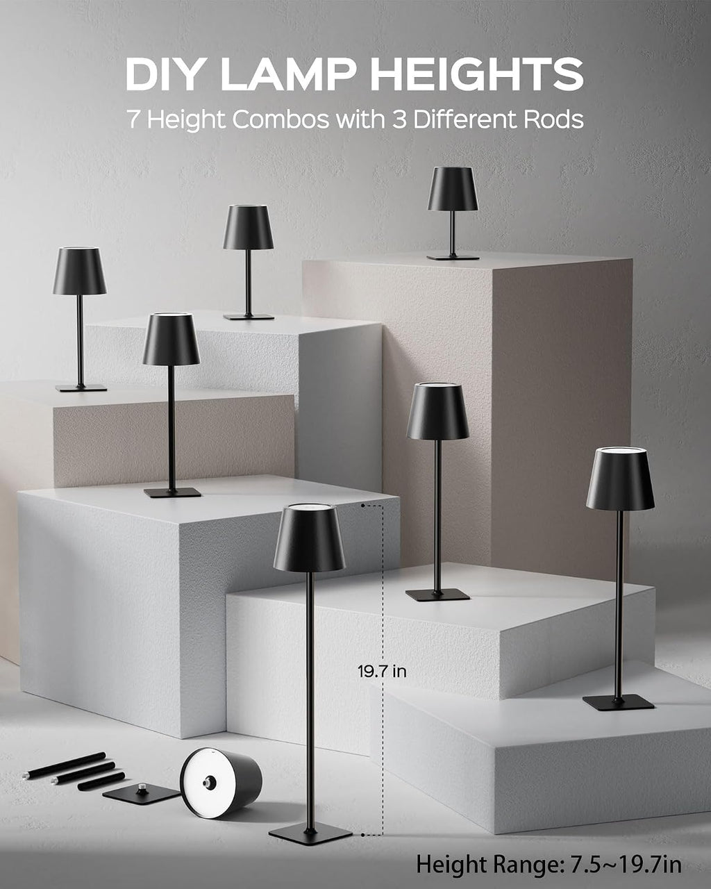 JACKYLED Cordless Lamp DIY Height, 3 Color Stepless Dimming, 5000mAh Battery Operated Lamp Portable Rechargeable for Bedroom Dinning…