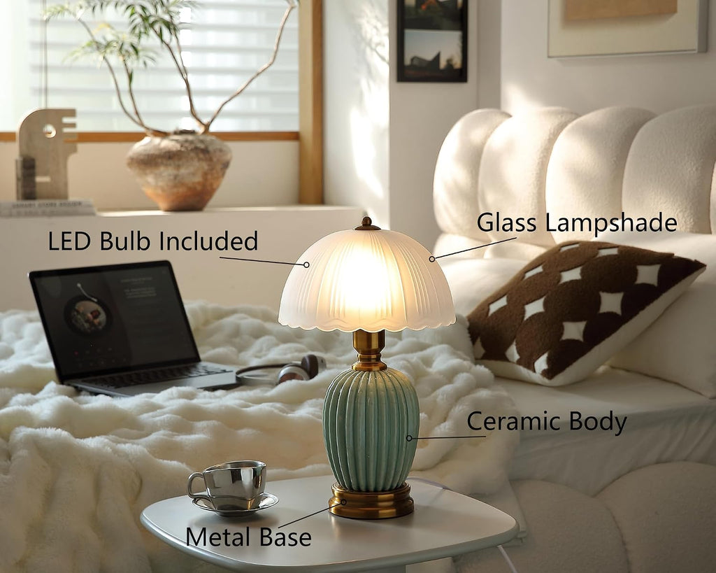 Glivpny Vintage Table Lamp for Living Room,16" Mid Century Modern Ceramic Lamps for Bedroom, Retro Bedside Nightstand Mushroom Glass…