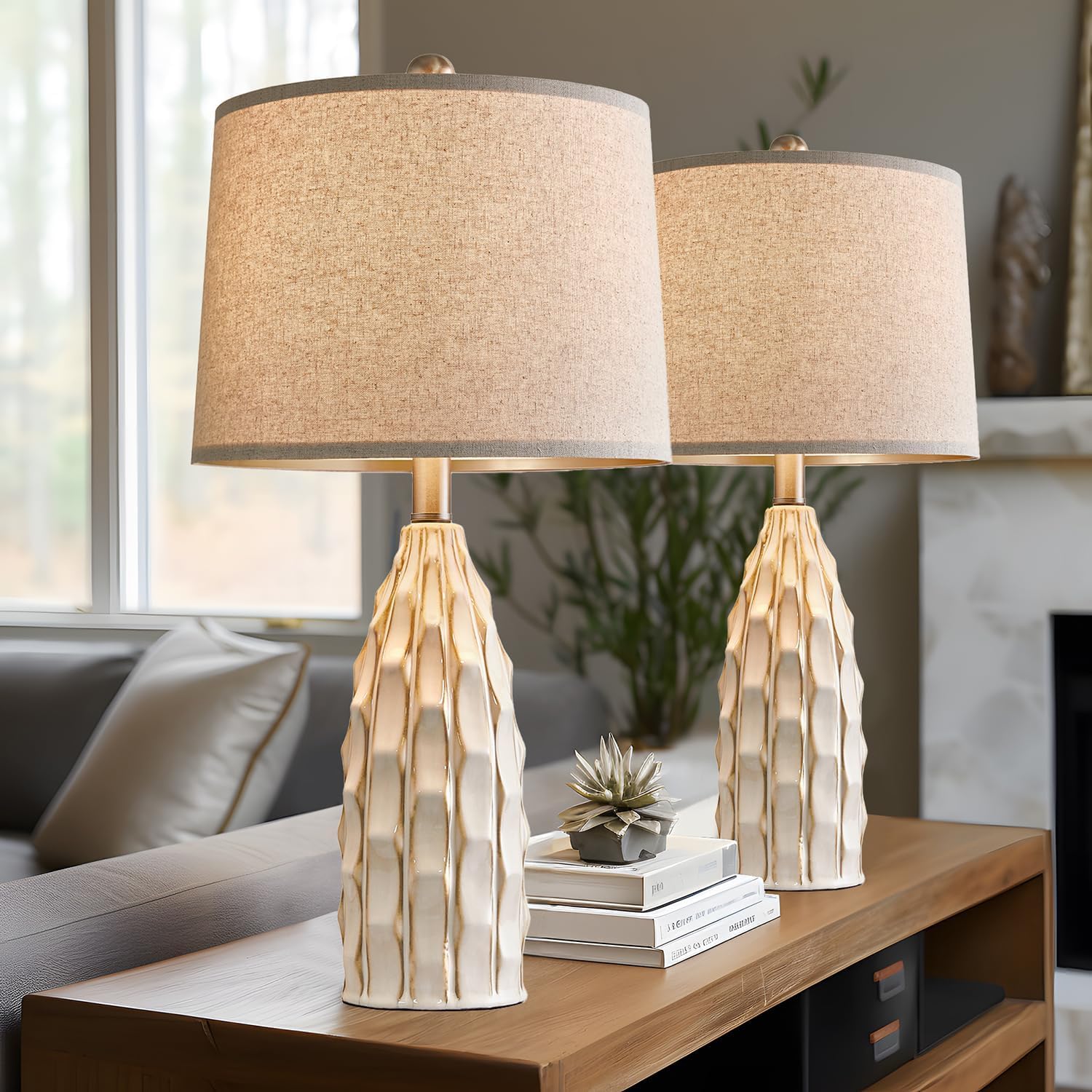 USumkky Ceramic Table Lamps Set of 2, 23.75" Modern Farmhouse Bedside Lamp - Cream Nightstand Lamps for Bedroom, Boho Living Room End…